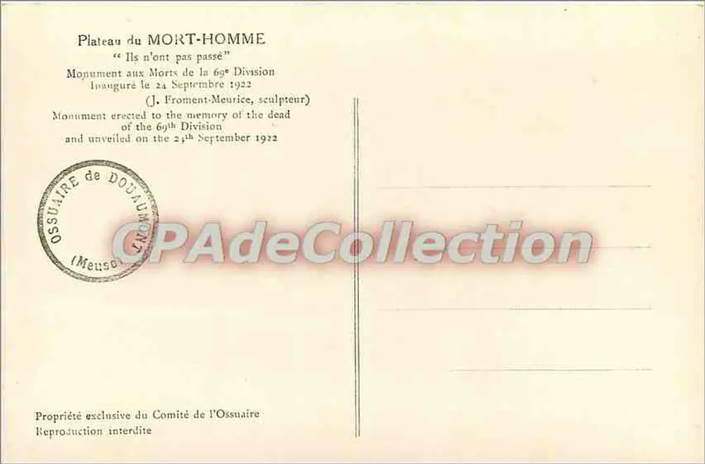 Planalto do Mort-Homme — Monumento aos Mortos da 69ª Divisão — J. Froment-Meurice, escultor - Verso