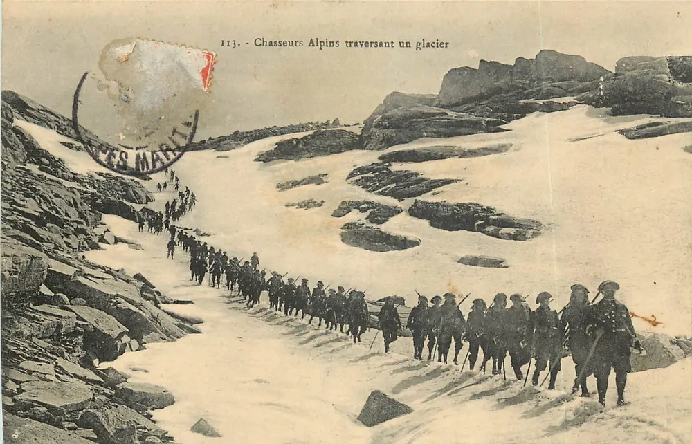 Chasseurs Alpins atravessando um glaciar — série 113 — editor não identificado - Frente