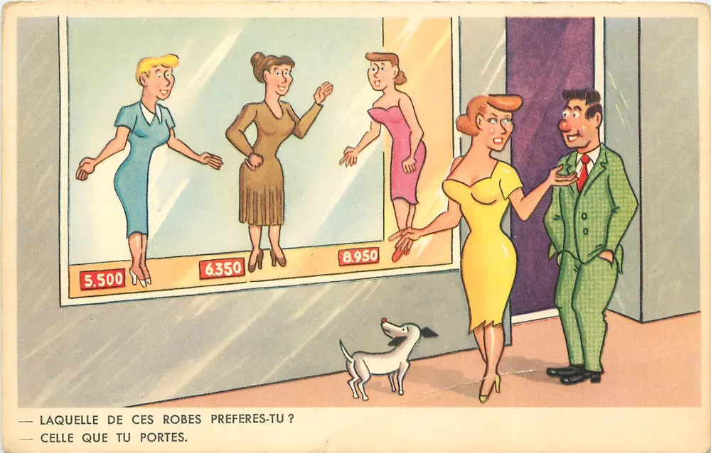 Vendedora de vestidos — publicidade humorística — CPAAdeCollection - Frente