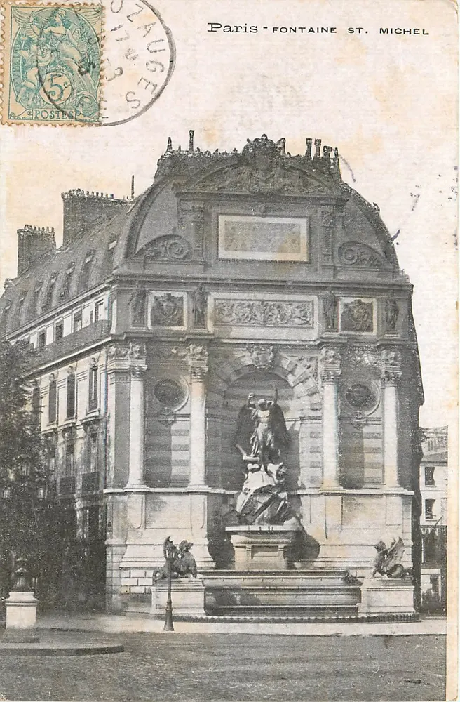 Paryż - Fontaine Saint-Michel — widok fontanny ozdobionej rzeźbami — wydawca nieznany - Awers