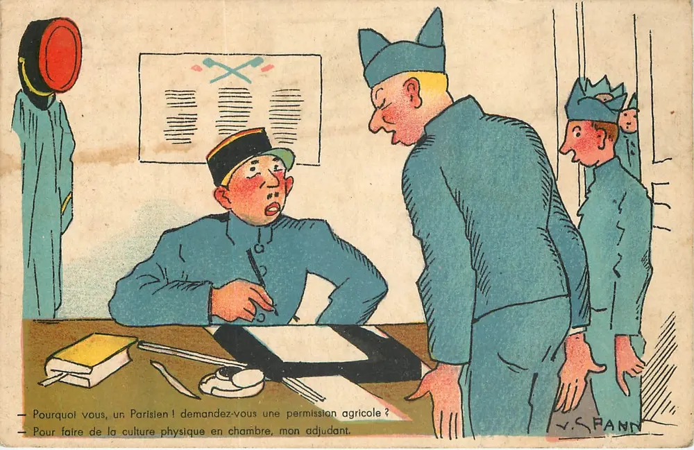 Pariser Soldat, der Urlaub für Landwirtschaft beantragt — Karikatur — Y. S. FANN - Vorderseite