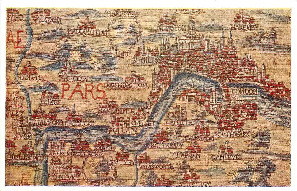 Londres e distrito circundante — porção de uma tapeçaria inglesa do meio do século XVII — Victoria and Albert Museum, T.23 - Frente