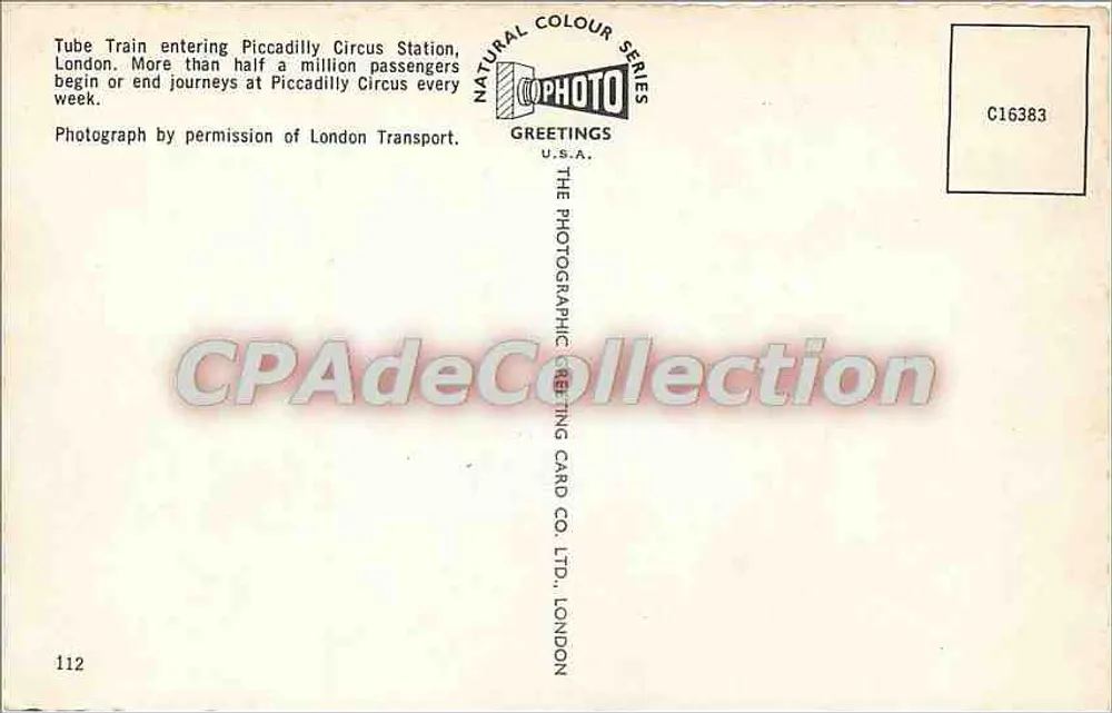 Piccadilly Circus — Estação com trem da Linha Bakerloo — editor The Photographic Greeting Card Co. Ltd. n° C16383 - Verso