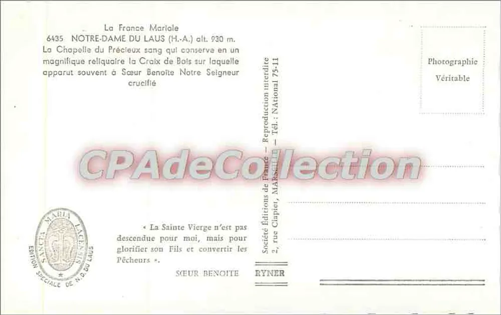 Die französischen Marolles — Notre-Dame du Laus, Kapelle mit Reliquiar des gekreuzigten Christus — Éditions de France, Serie 6435 - Rückseite