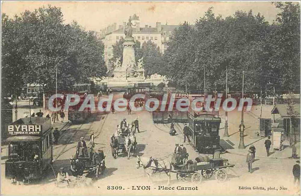 LYON - Place Carnot — Monument central, trams e carros — Edition Giletta, fot., Nice, n° 8309 - Frente