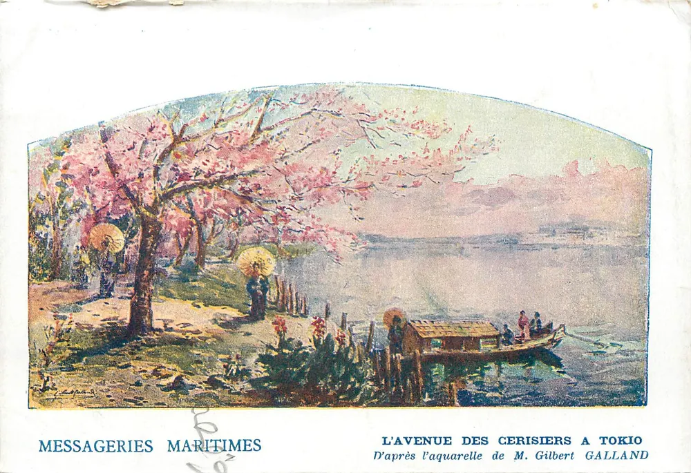 Die Kirschblütenallee in Tokio — nach der Aquarelle von M. Gilbert Galland — Messageries Maritimes - Vorderseite