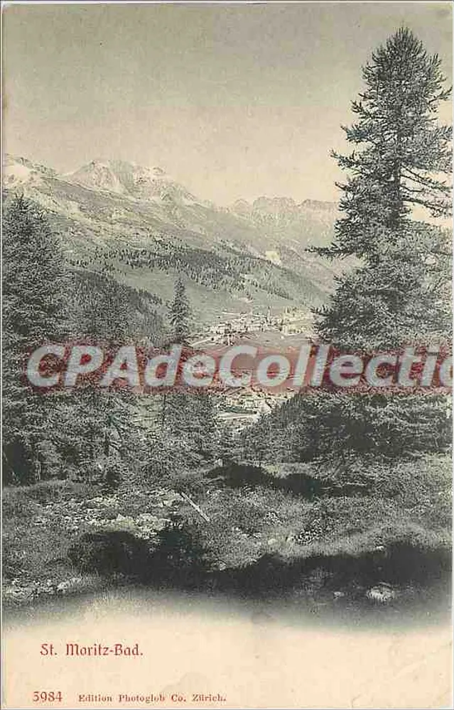 St. Moritz-Bad — widok górski z lasem — Wydawnictwo Photoglob Co. Zilrich, n° 3984 - Awers