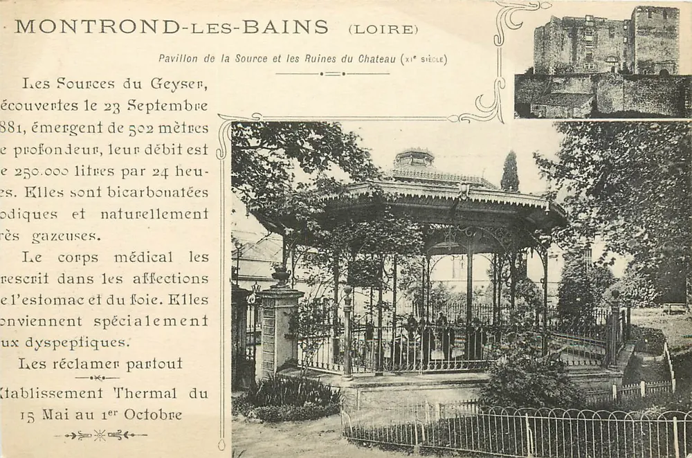 Montrond-les-Bains (Loire) — Pavillon der Quelle und Ruinen des Schlosses (11. Jahrhundert) - Vorderseite