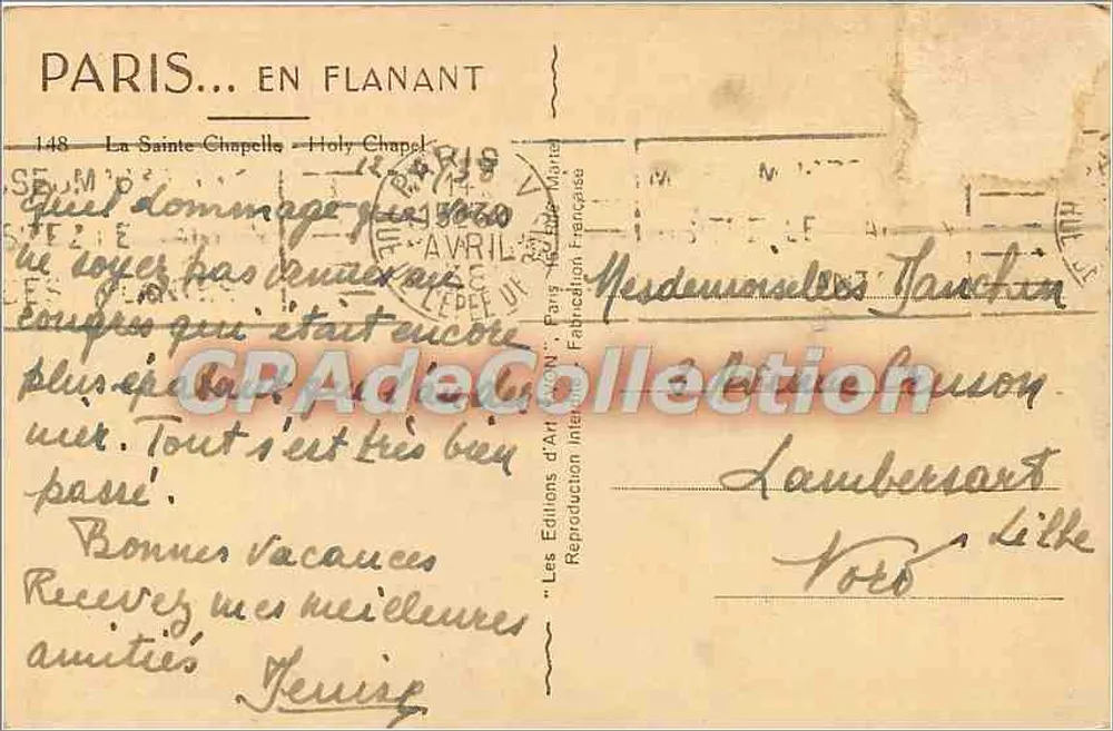 Paris — A Santa Capela — Les Éditions d'Art Français, n°148 - Verso