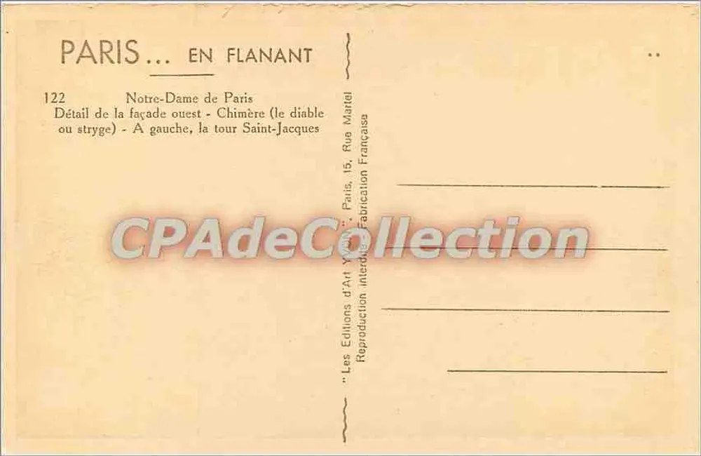 Nossa Senhora de Paris — Detalhe da fachada oeste — Chimères — Éditions d'Art Yvon - Verso