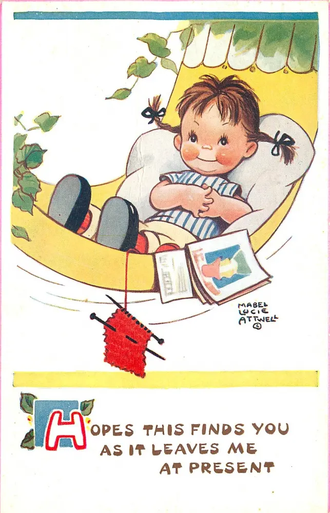 Kind in einer Schaukel — Illustration von Mabel Lucie Attwell — Karteikarte - Vorderseite