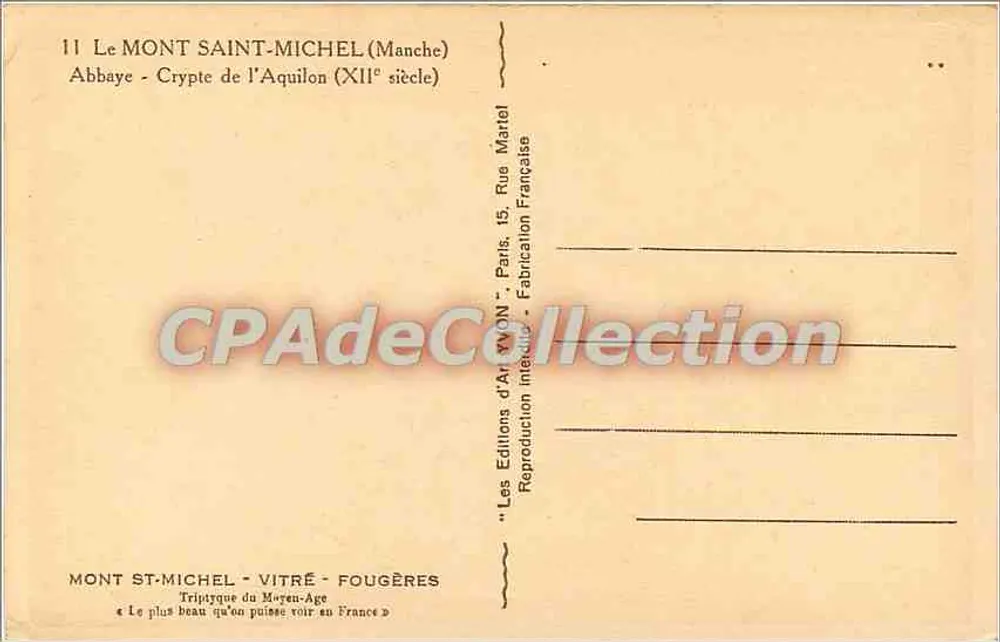 Mont Saint-Michel (Manche) — Crypte de l'Aquilon (XIIe siècle) — Les Éditions d'Art Martel, Paris - Verso