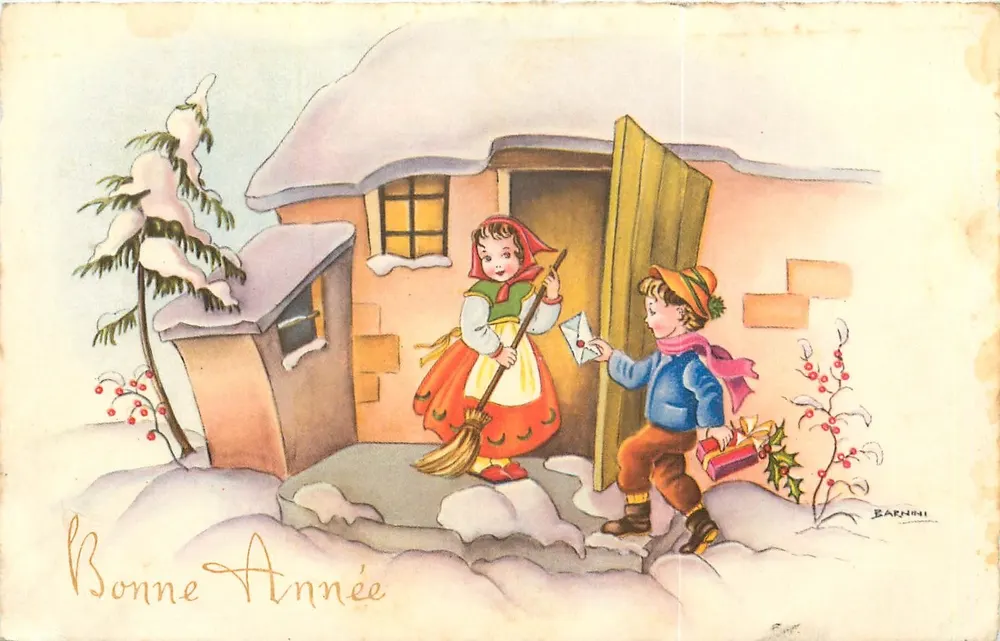 Criança entregando uma carta a uma menina diante de uma casa nevada — Barnini, Série N° 1125 - Frente