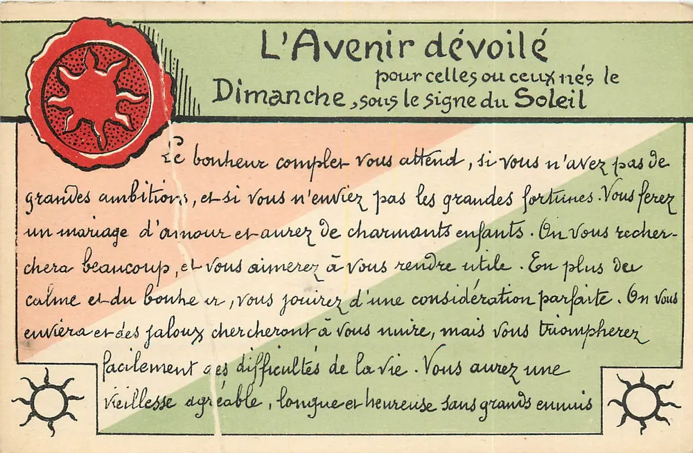 O Futuro revelado — para aqueles nascidos no Domingo, sob o signo do Sol — Série 293, Em Brochecieux & Cie, Imp. Edit. Paris - Frente