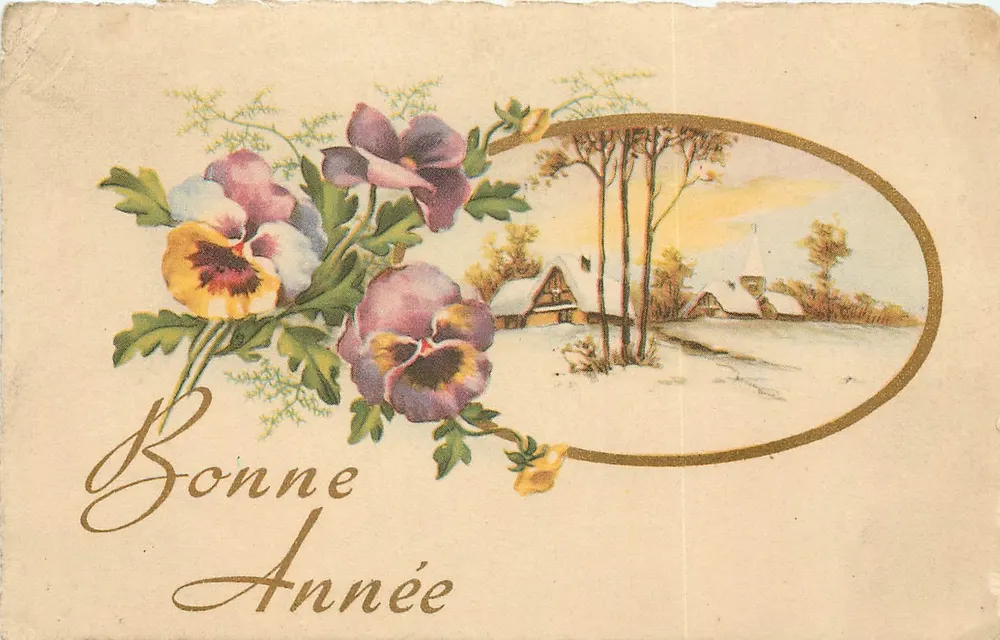 Pansies e paisagem invernal — Boa Ano — M.D. Paris, n°350 - Frente