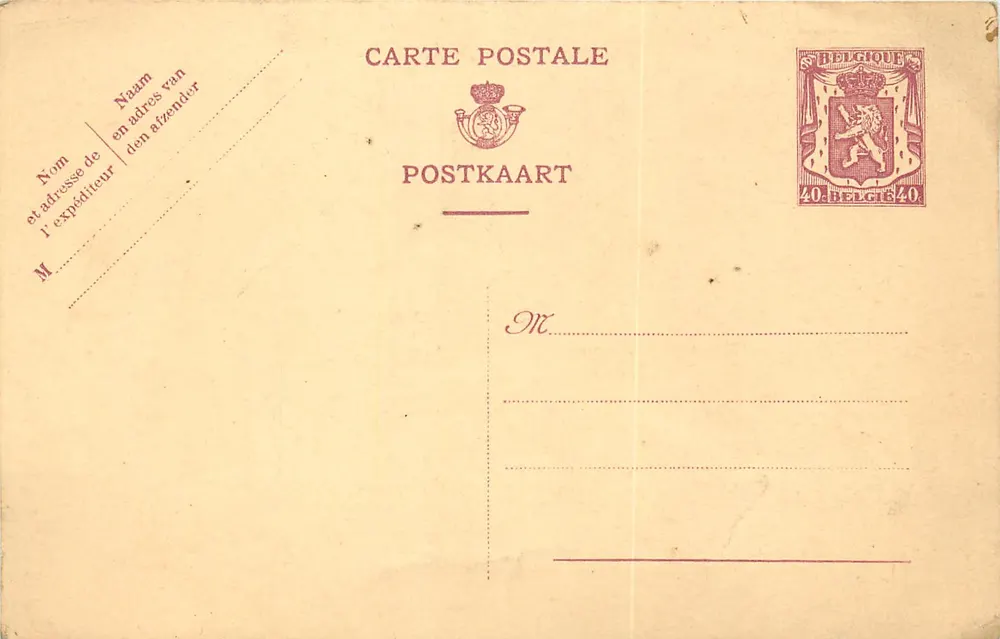 Carta postal belga — verso — editor desconhecido, número de série não visível - Frente