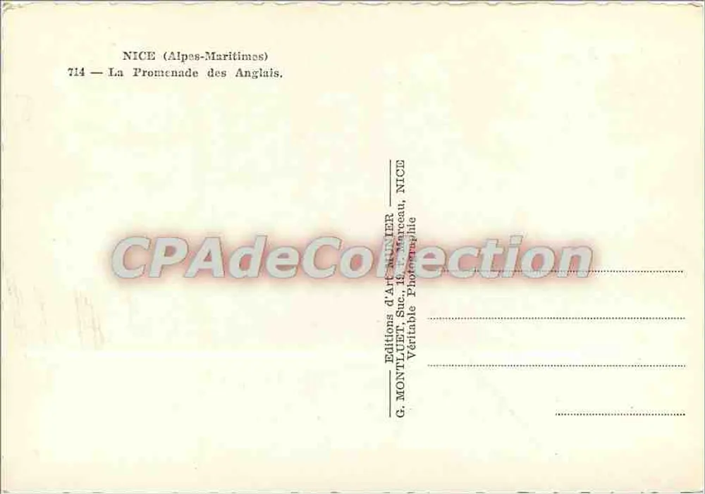 Nice — Promenade des Anglais — Éditions d'Art Munier, NICE - Verso