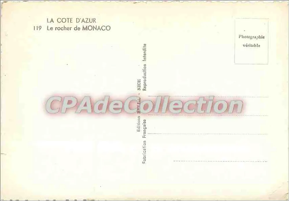Der Felsen von Monaco — Die Côte d'Azur — Editions Della, NICE, Nr. 119 - Rückseite