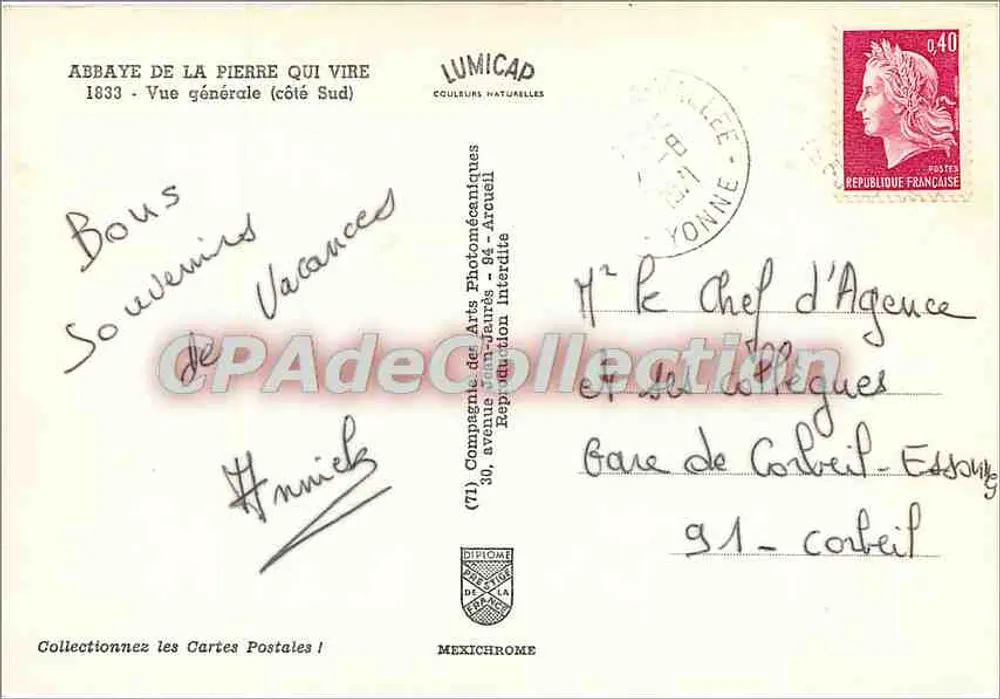 Abbaye de la Pierre qui Vire — vue générale (côté Sud) — éditeur LUMICAP, n° (71) visible - Rückseite