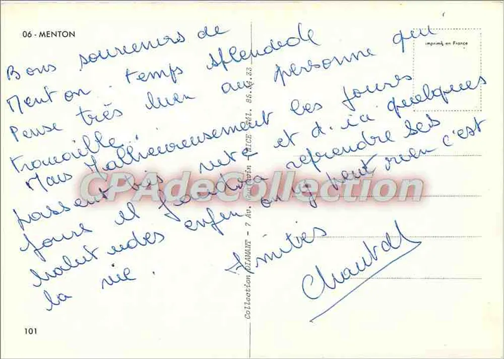 Menton — vista panorâmica com fonte, cidade, praia e porto — editor Diamant, n° 101 - Verso