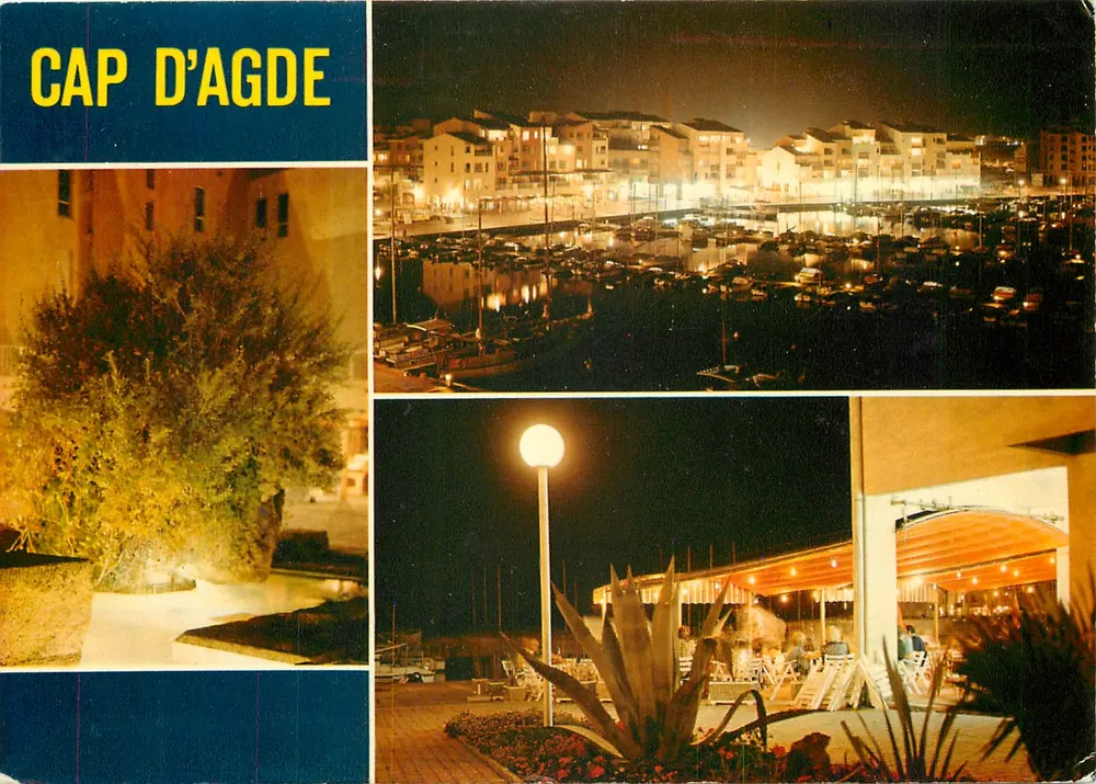 Cap d'Agde — vista noturna do porto e dos edifícios — Edições Modernas Théodèque Limoges, n°130 - Frente