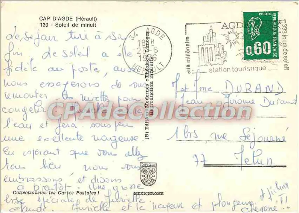 Cap d'Agde — vista noturna do porto e dos edifícios — Edições Modernas Théodèque Limoges, n°130 - Verso