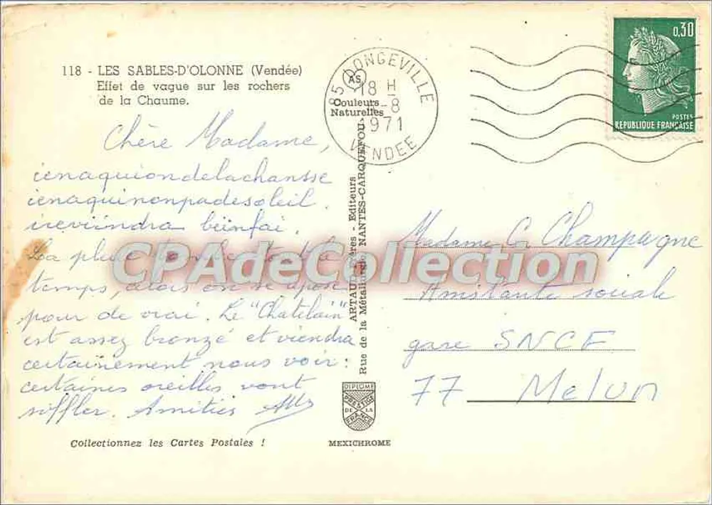 Les Sables-d'Olonne (Vendée) — Effekt von Wellen auf die Felsen der Chaume — Verlag Artaud & Cie, Nantes - Rückseite