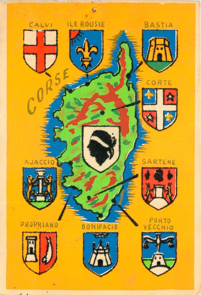 Carta postal ilustrada da Corse — com brasões das principais cidades — editada por CPADeCollection - Frente