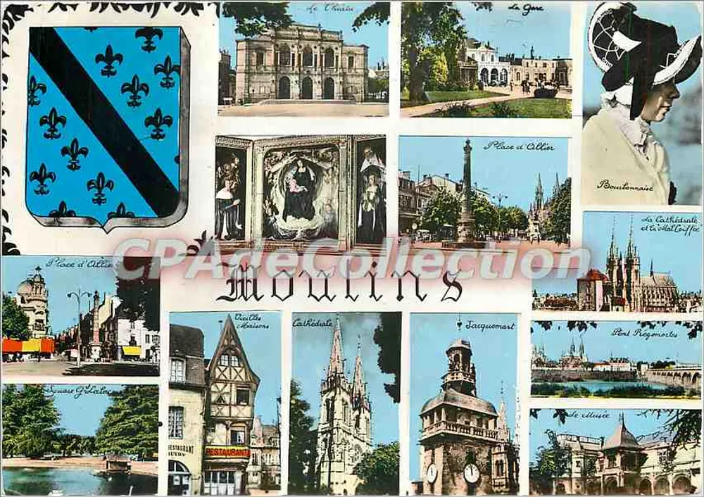Moulins — vista panorâmica com brasão, editor C. Ferrand, n° 0-54 - Frente