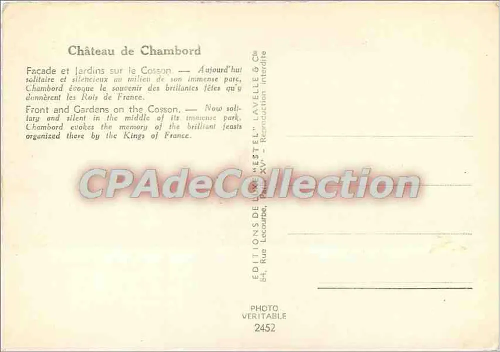 Castello di Chambord — Facade e giardini sul Cosson — Editore Estol, n° 2452 - Verso