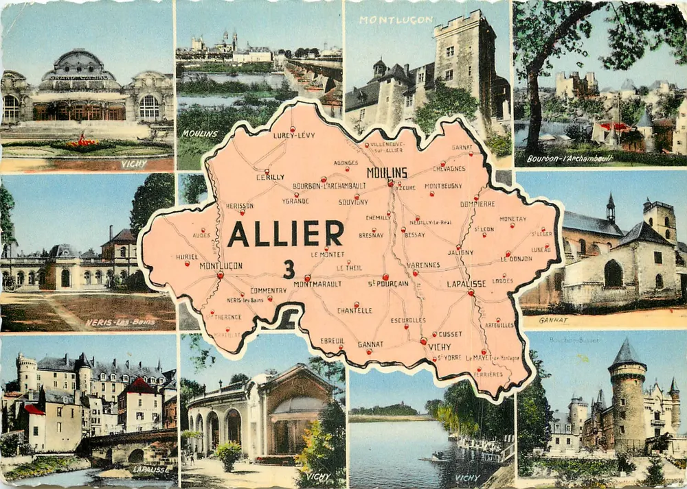 Allier — Carte postal panorâmica com mapa do departamento — Editor: G. Jacquemart, n°3 - Frente