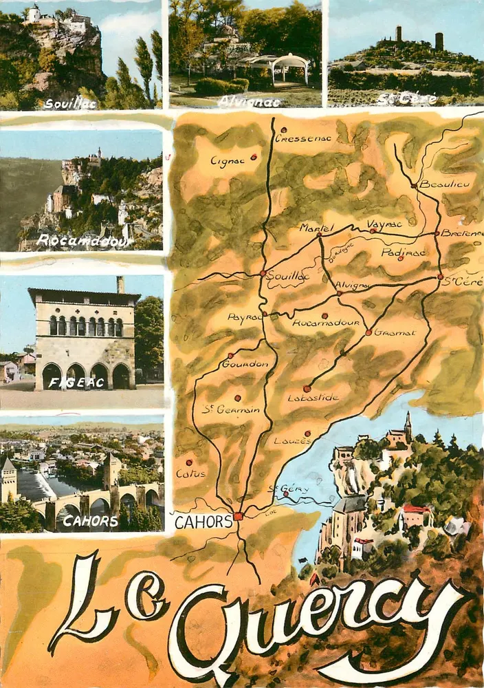 Le Quercy — Illustrierte Ansichtskarte mit Ansicht von Rocamadour, Cahors und Karte des Departements — Verlag Gie des Arts Photomécaniques, Paris - Vorderseite