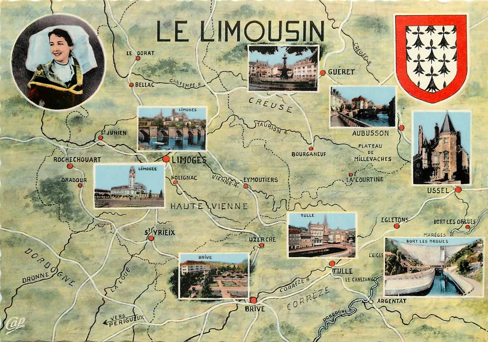O Limousin — cartão postal turístico com vignettes e brasão — editor CPAdeCollection, n° 1551 - Frente