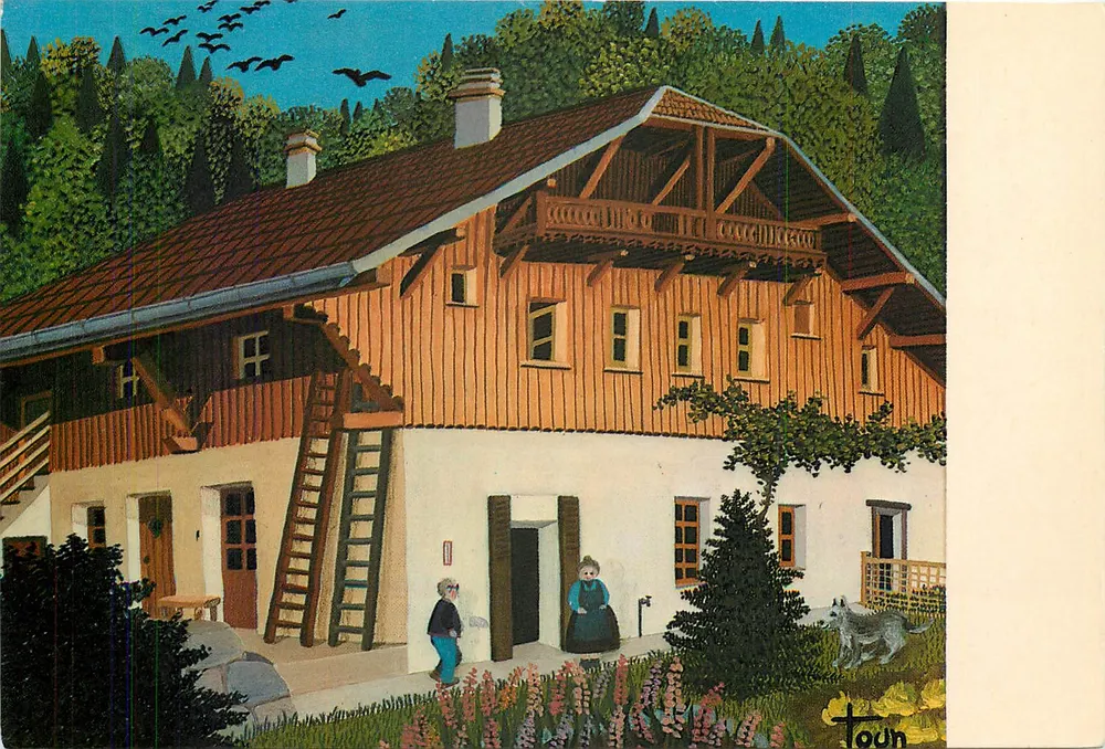 Dom w górach w Valloire — reprodukcja obrazu Agnes Laine — wydawca: Spółdzielnia Rzemiosła «La Pochette» - Awers