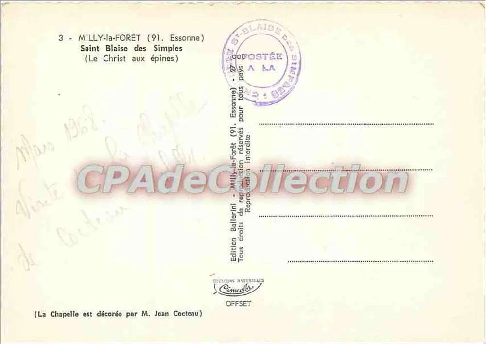 Milly-la-Forêt (91) - Saint Blaise des Simples (O Cristo das espinhas) — Edição Ballerini, Offset - Verso