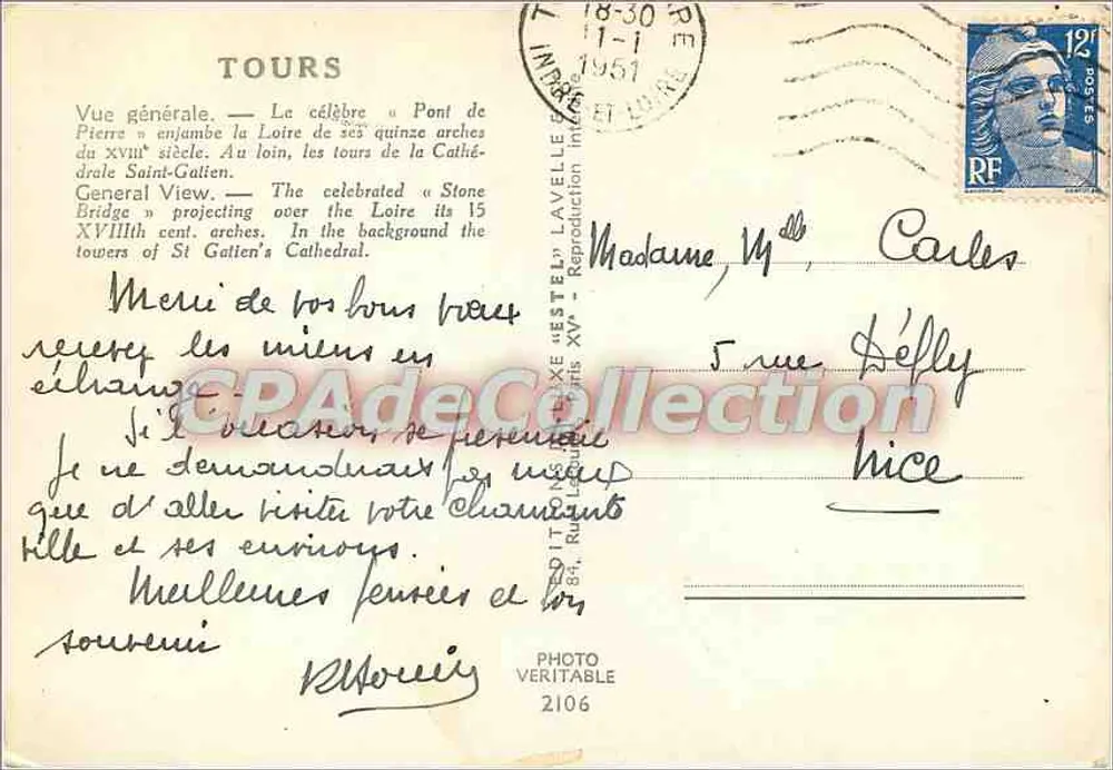Tours — Ponte de Pedra e catedral Saint-Gatien — Editor Estel, n°2106 - Verso