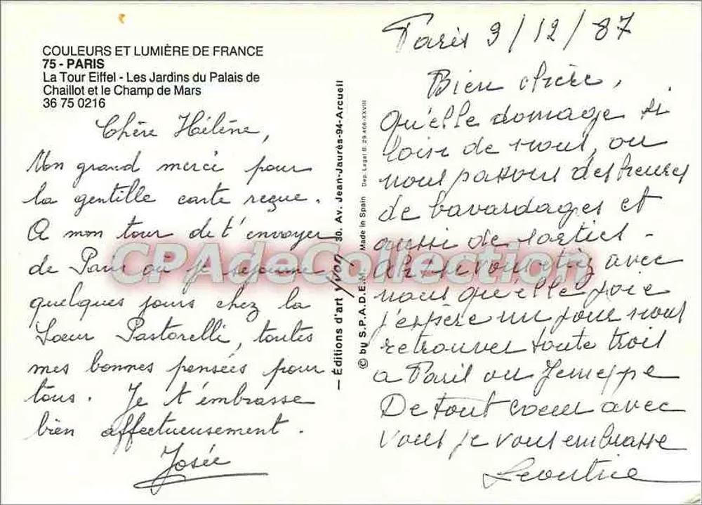 Die Eiffelturm — Ansicht aus den Gärten des Palais de Chaillot — Vintage Postcard/Antike Ansichtskarte - Rückseite