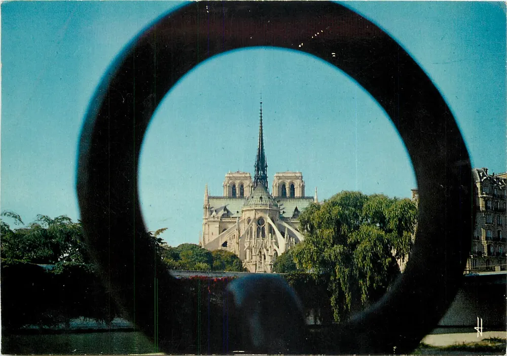Notre-Dame de Paris — vista enquadrada por um círculo — Librairie Lockette - Frente