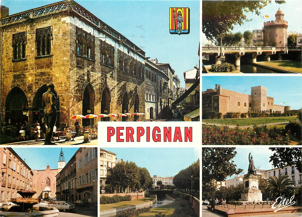 Perpignan — Ansicht der Loge de Mer, des Schlosses, der Place Gambetta und der Kathedrale — Étel - Vorderseite