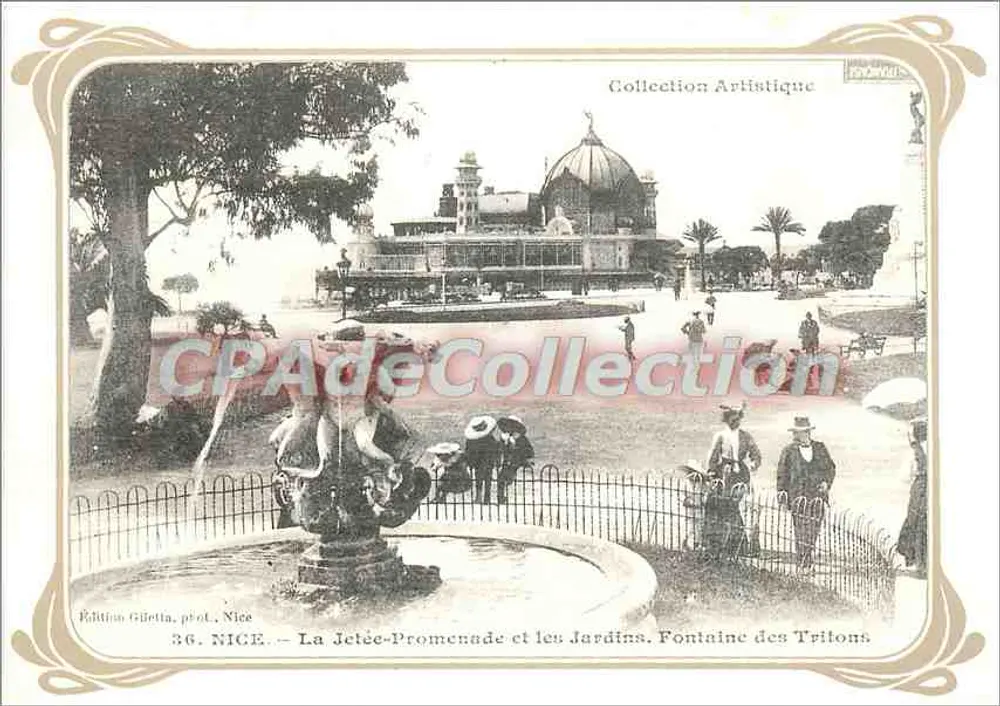 Nice — A Jetée-Promenade e os Jardins. Fontaine dos Tritões — Edição Gilletta, fot. Nice, Coleção Artística, n°36 - Frente