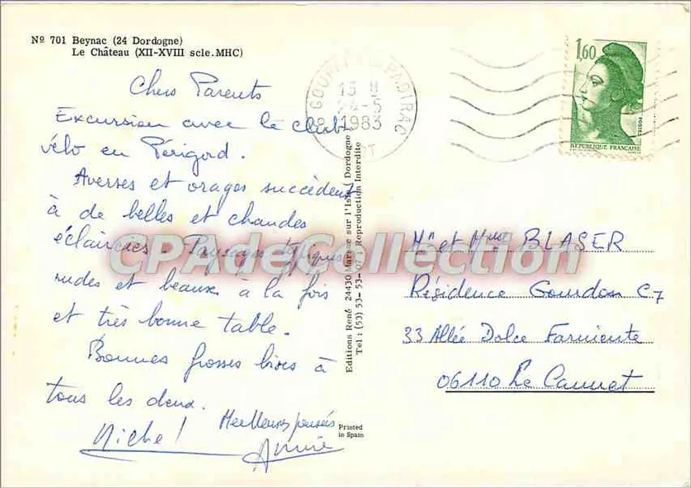 Schloss Beynac — Dordogne — Editions MHC, n° 701 - Rückseite