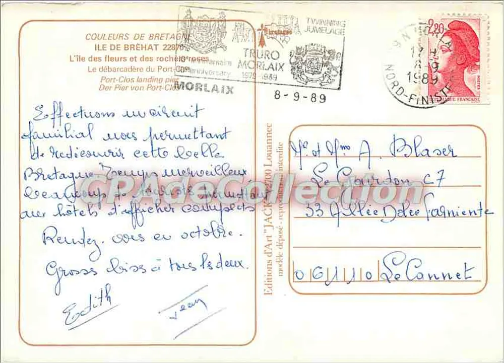 Insel Brehat — Ansicht des Hafens mit Booten und Blumen — Antike Ansichtskarte - Rückseite