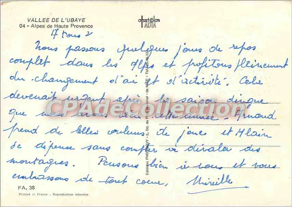 Vale da Ubaye — vista panorâmica com oito vilas — editor ADIA, n° FA.38 - Verso