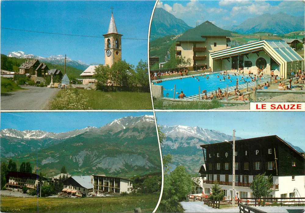 Le Sauze — Panoramablick mit Kirche, Schwimmbecken und Bergen — Cellard Editions, n° Y.059 - Vorderseite