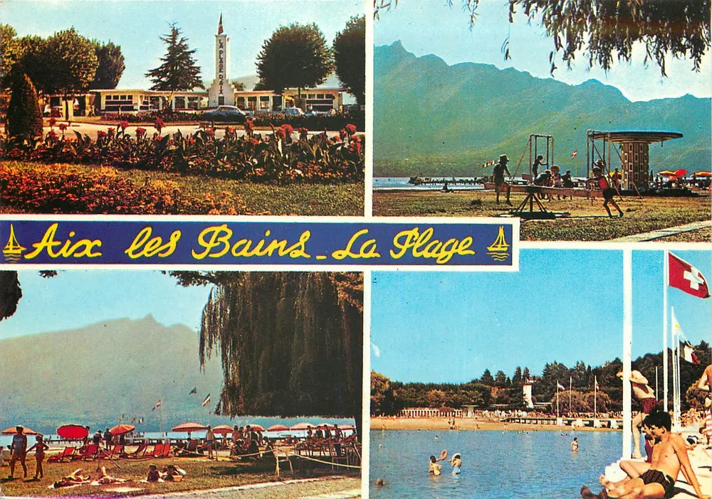Aix-les-Bains - Die Strand — Panoramablick mit Bergen und Schwimmbecken — Verlag ABEILLE CARNET, n°73 - Vorderseite