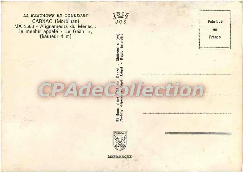 Carnac (Morbihan) — Ausrichtungen von Ménech, Menhir « Le Géant » — Edition JOS, n° MX 3566 - Rückseite