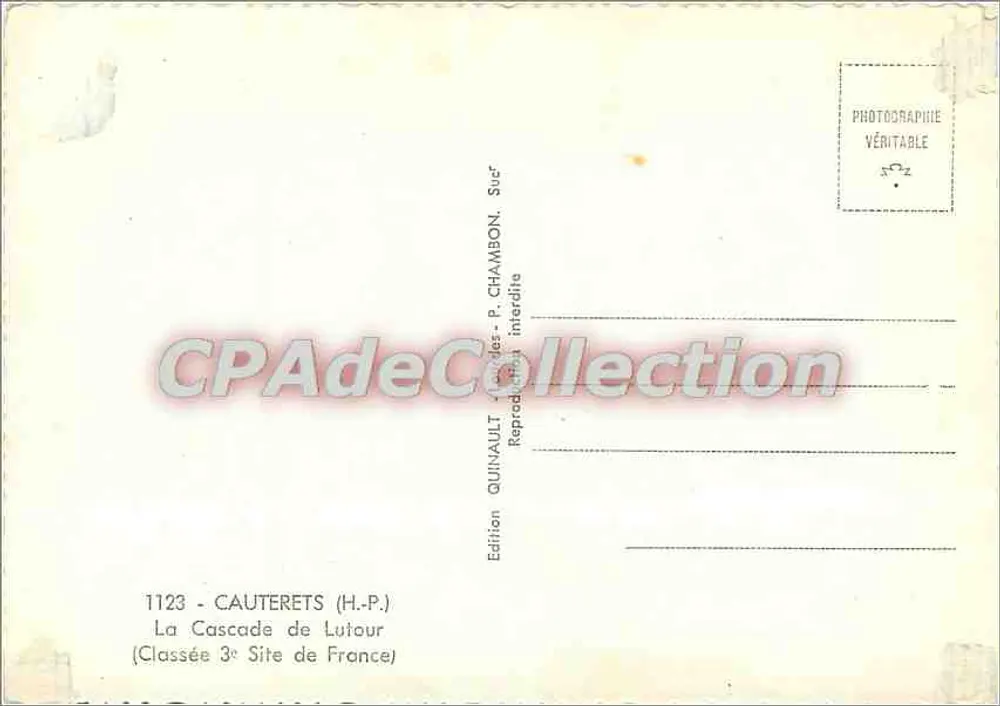 A Cascata de Lutour — Cauterets (H.-P.) — Edição Quinault, n°1123 - Verso