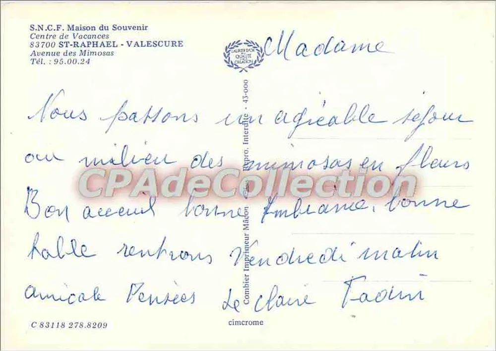 Valescure — Hotel-Restaurant — S.N.C.F. Maison du Souvenir - Rückseite