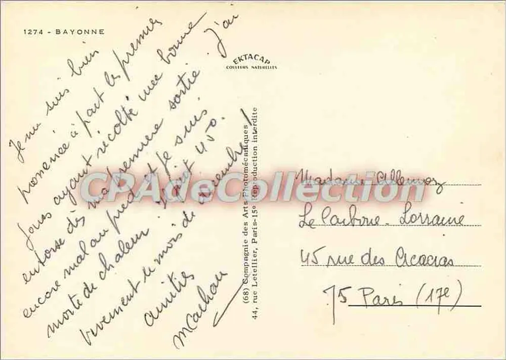 Bayonne — Vista geral, Castelo Velho, Rio La Nive, Ponte São Espírito, As Arenas, Dança dos Arcos, Claustro — Compagnie des Arts Photomécaniques - Verso