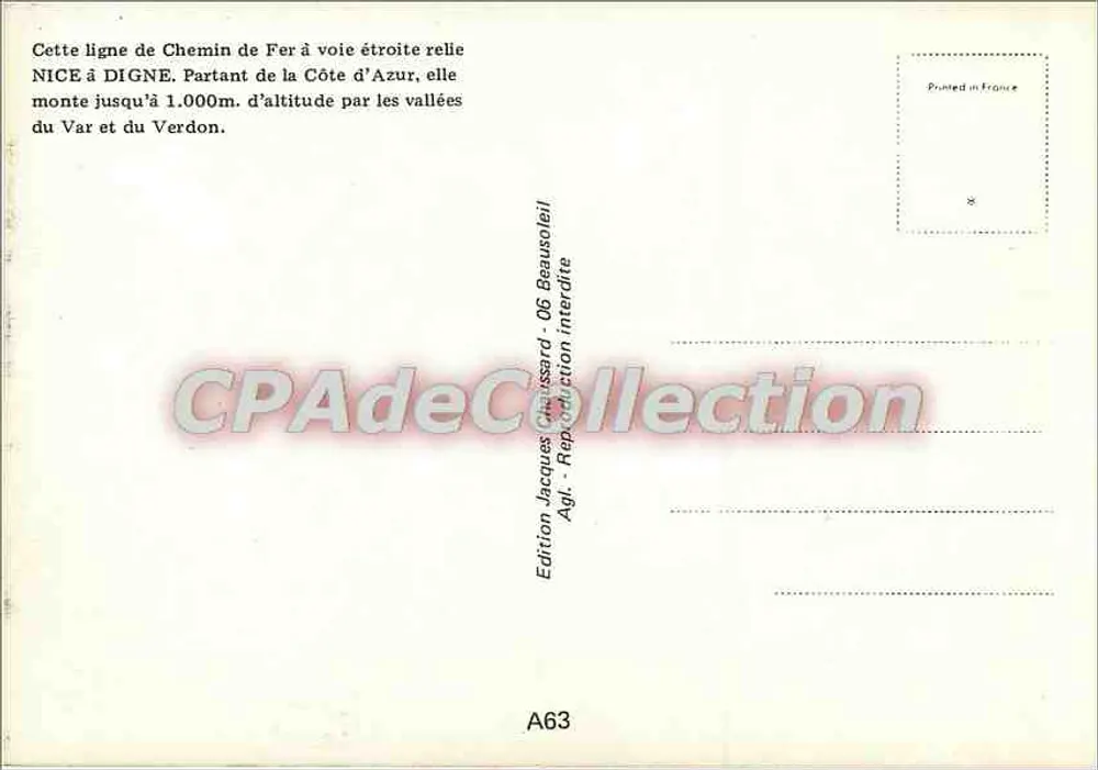 O ponte levadoura de Entrevaux — Caminhos de Ferro da Provença — Edição Jacques Beausoleil - Verso